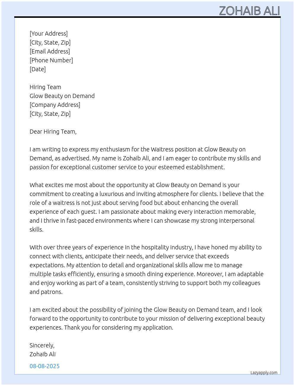 Waitress  At Glow beauty on demand  Cover Letter