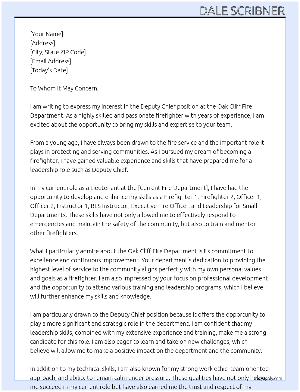 Deputy Chief At Oak Cliff Fire Department Cover Letter