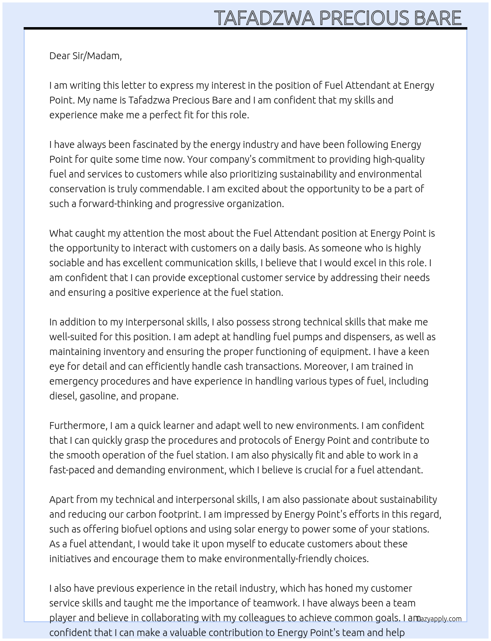 Fuel attendant At Energy point Cover Letter