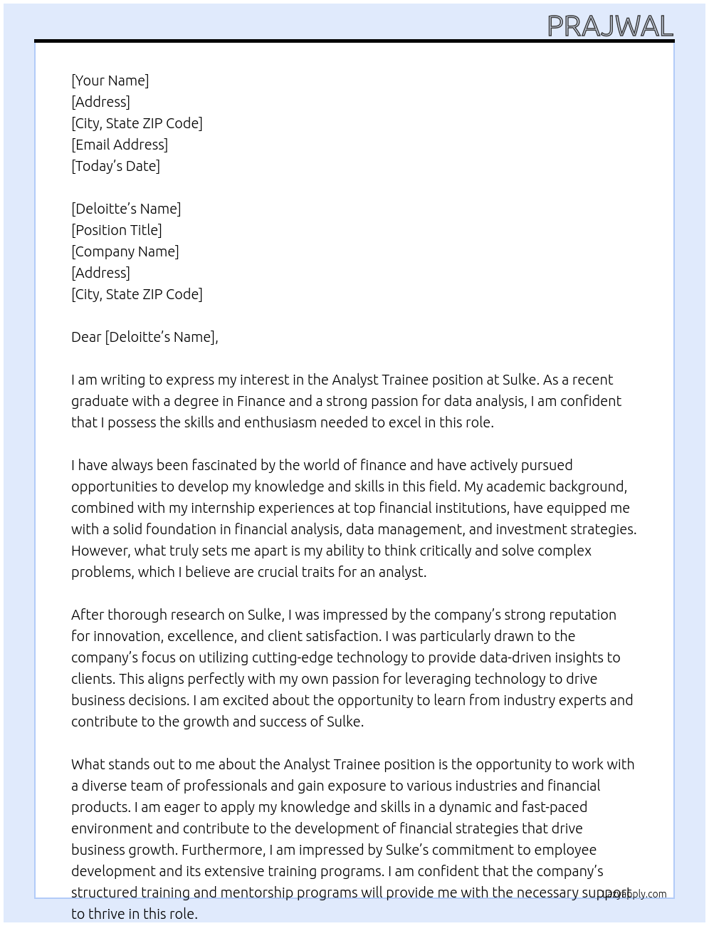 analyst trainee At sulke Cover Letter