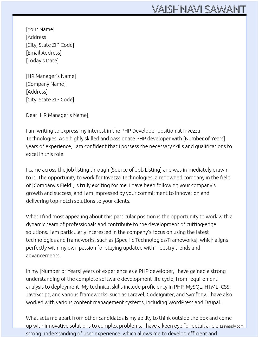 PHP Developer  At Invezza Technologies  Cover Letter