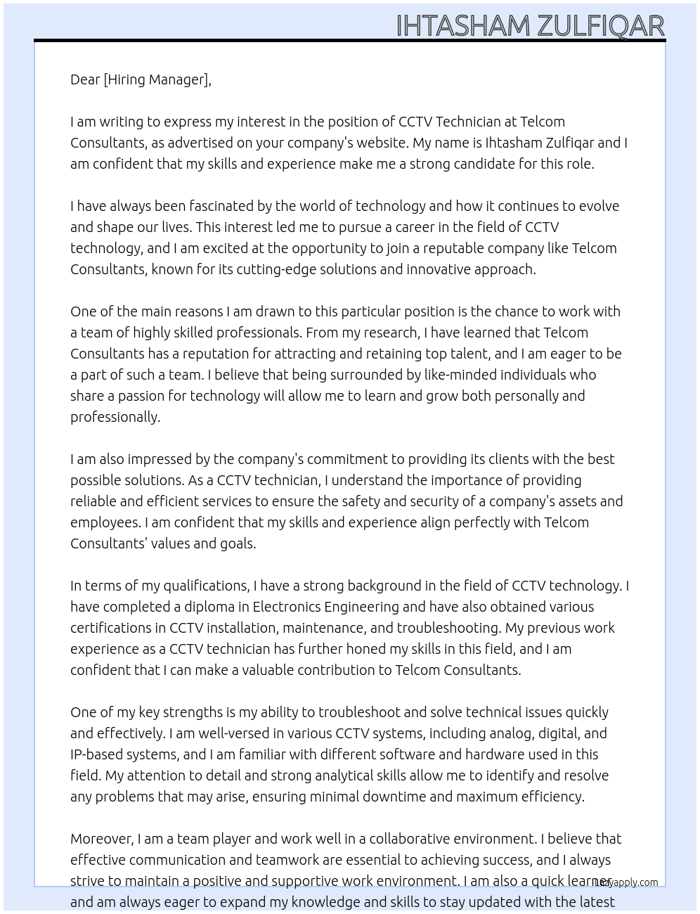 Cctv technician  At Telcom consultants  Cover Letter