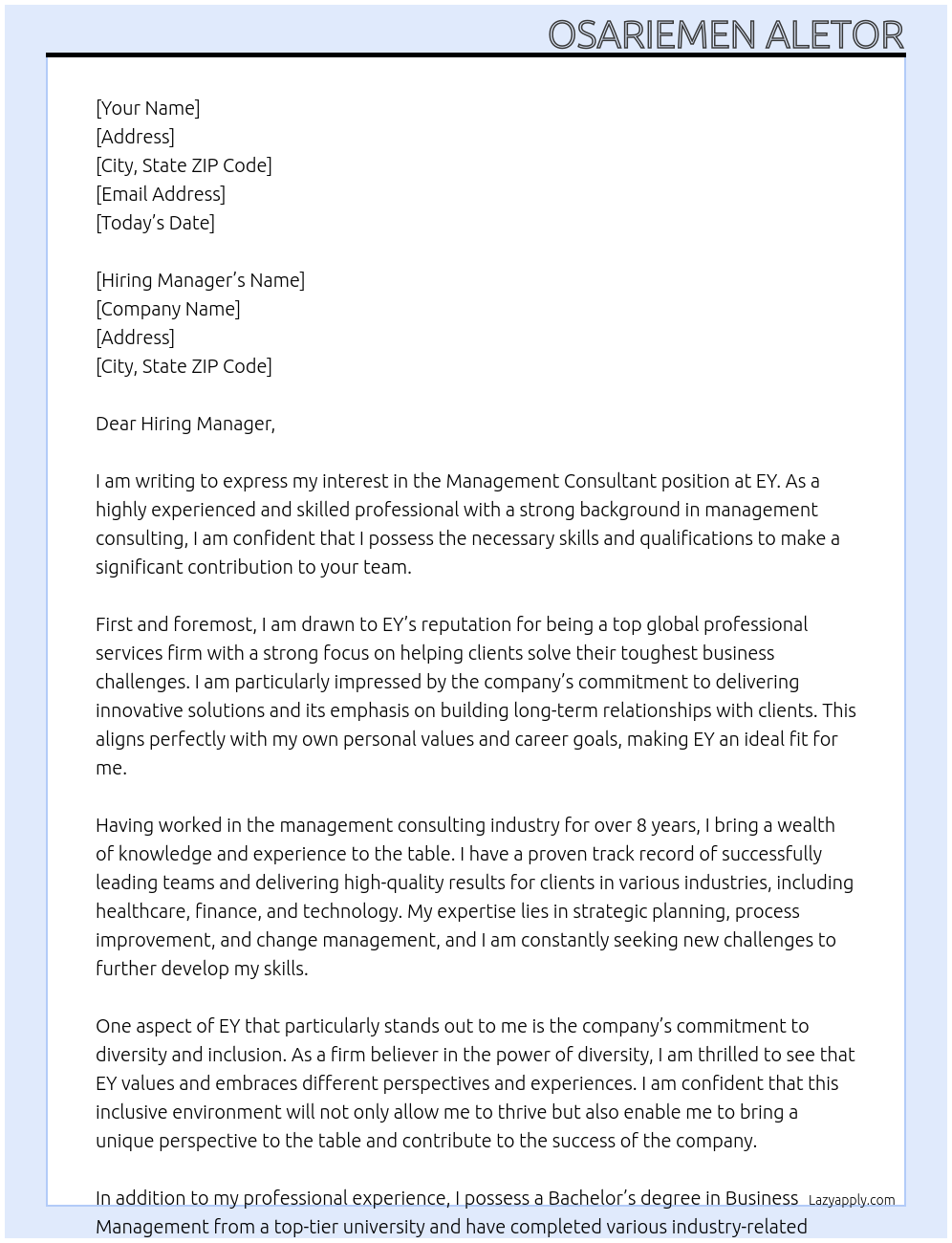 Cover letter for Management consultant - LazyApply