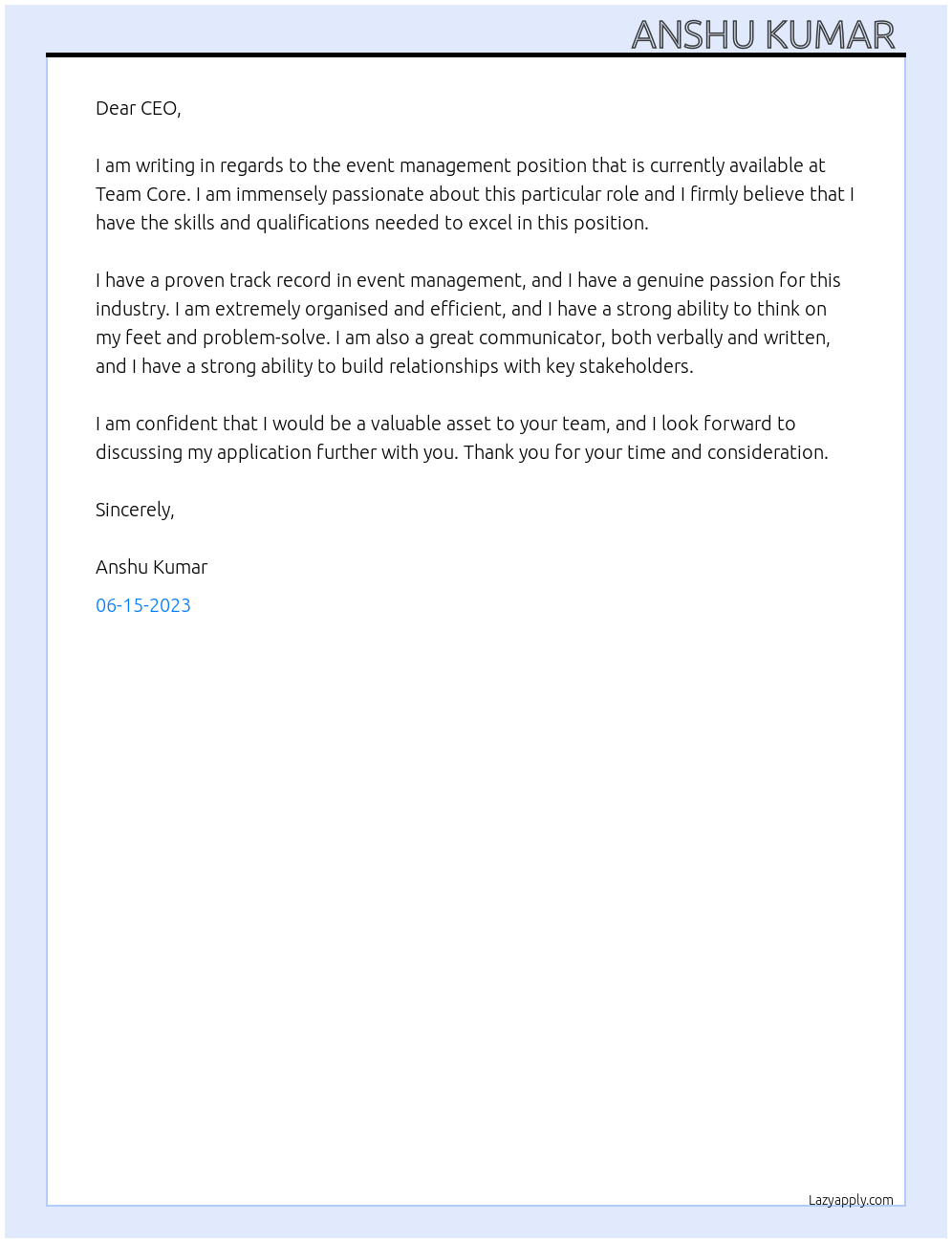 event management  At team core  Cover Letter