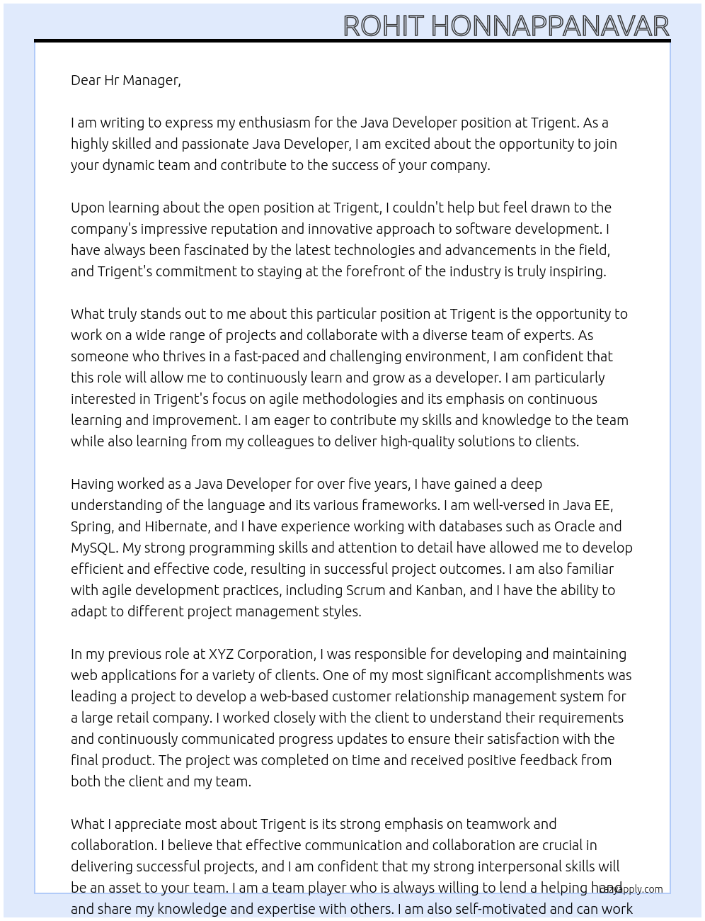 Java Developer At Trigent Cover Letter