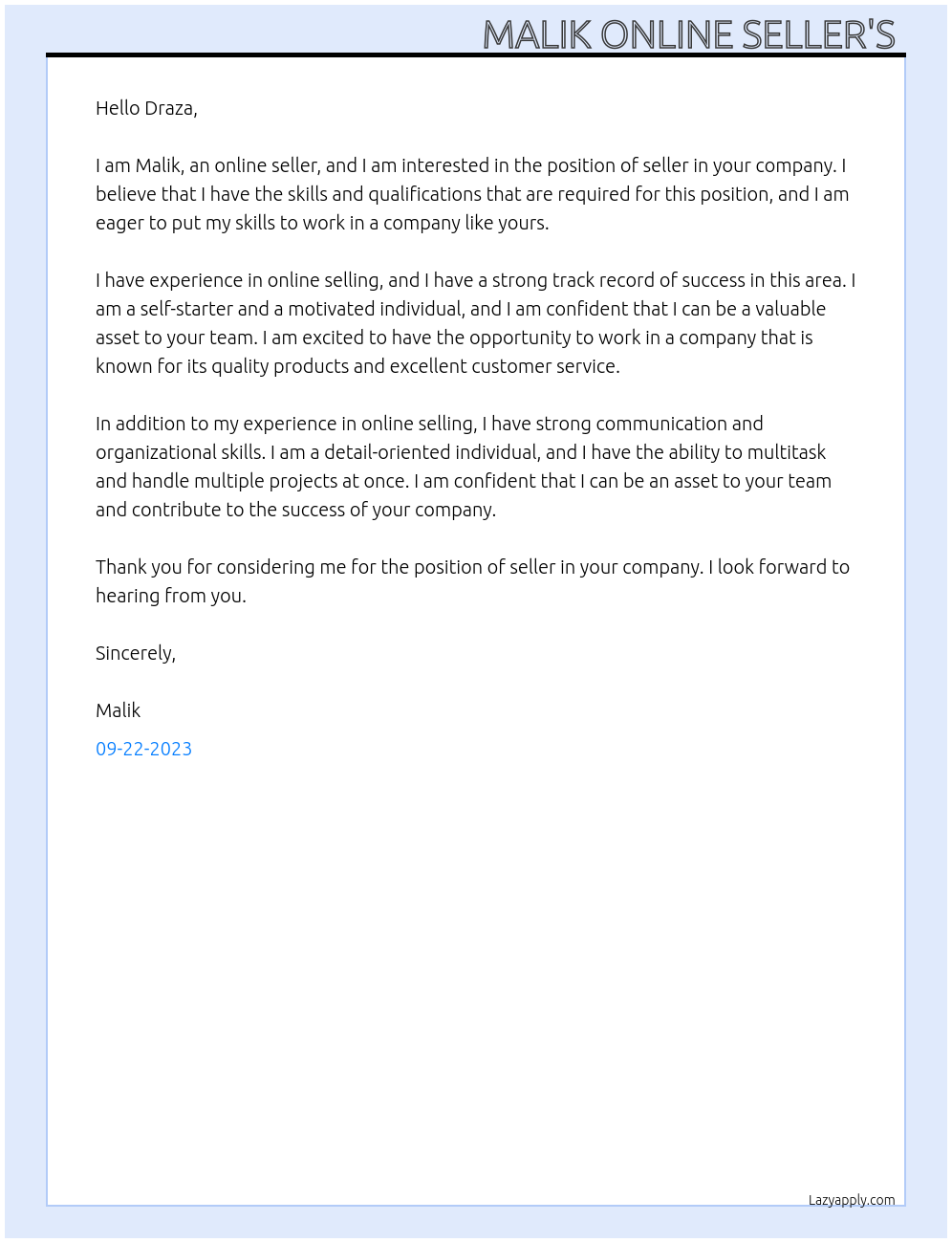 Seller At Draza Cover Letter