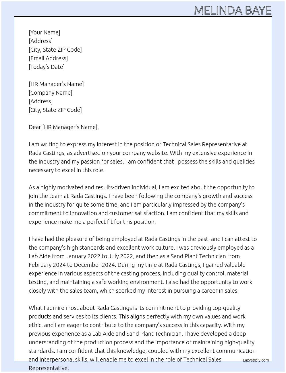 Technical Sales Representative At Rada Castings Cover Letter