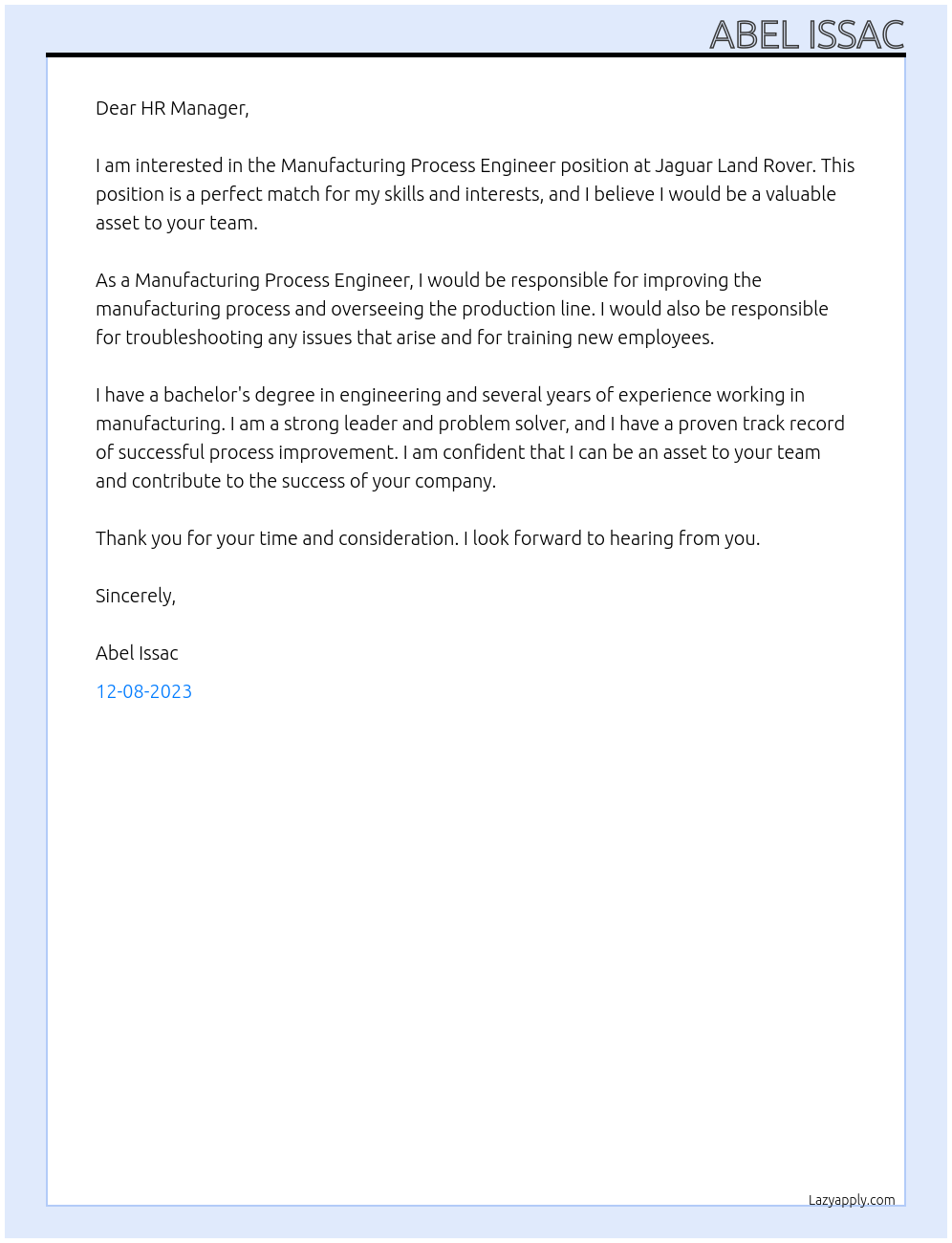 manufacturing process engineer At jaguar land rover Cover Letter