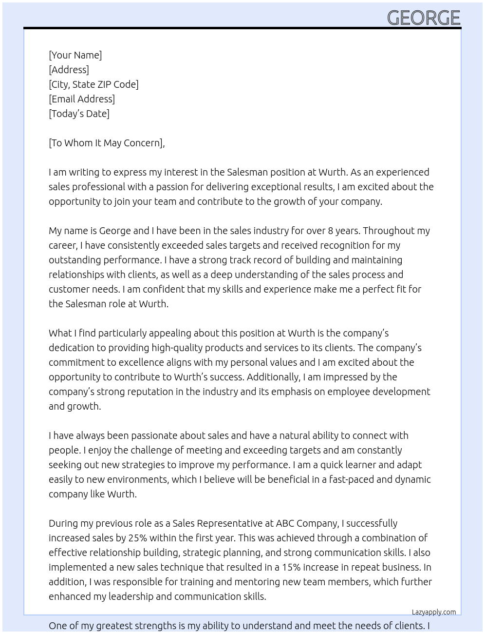 Salesman At Wurth Cover Letter