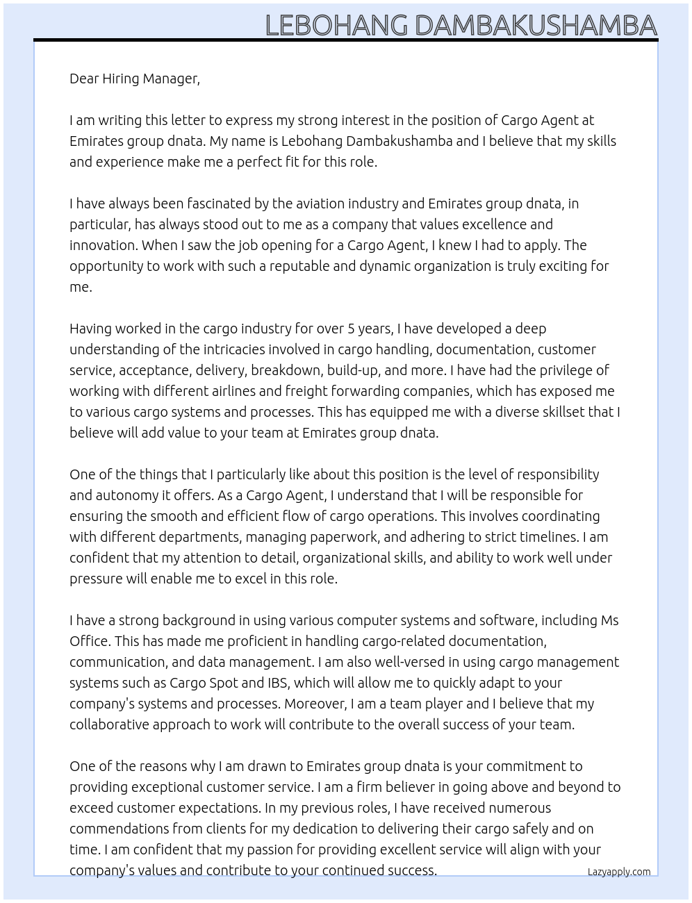 Cargo Agent At Emirates group dnata Cover Letter