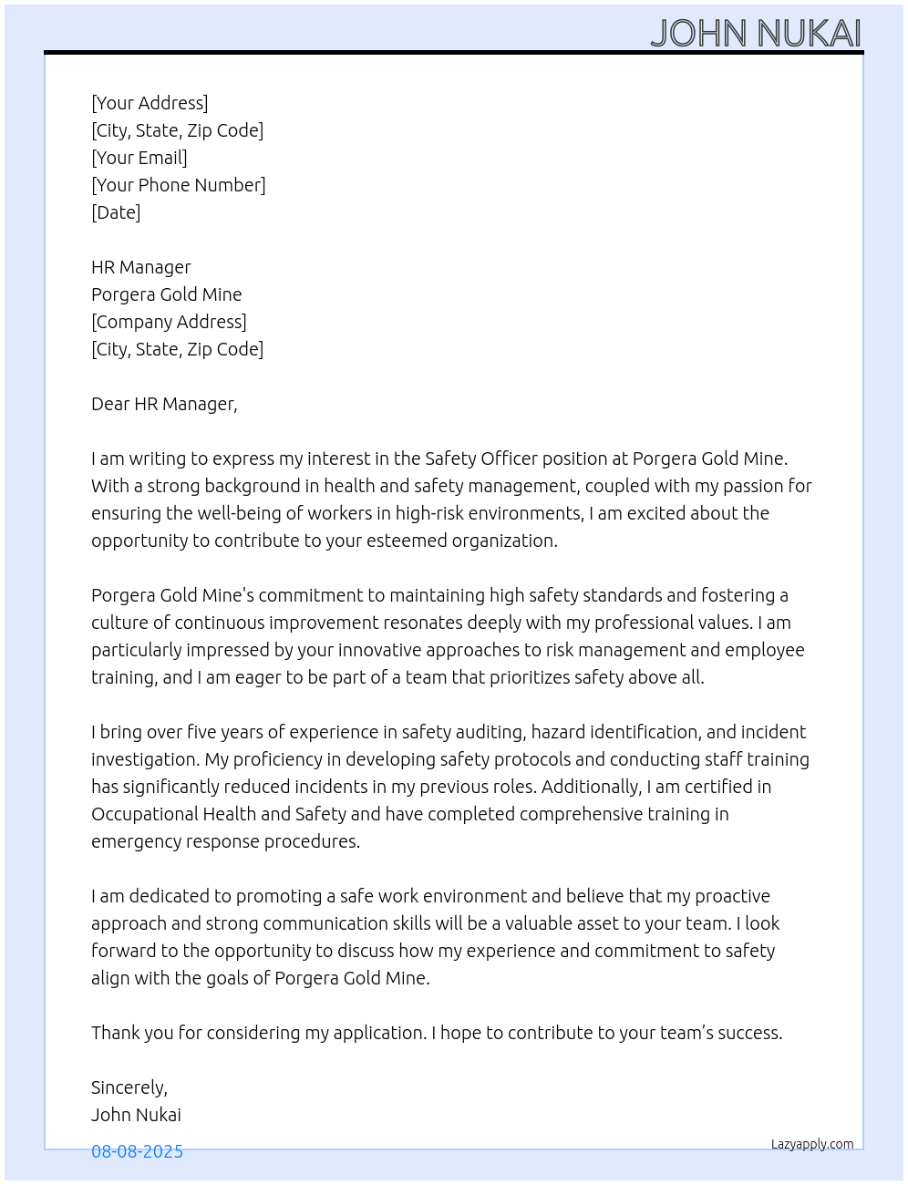 Safety officer At Porgera Gold mine Cover Letter