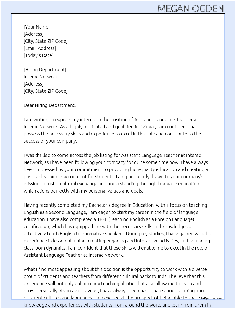 Assistant Language Teacher At Interac Network Cover Letter
