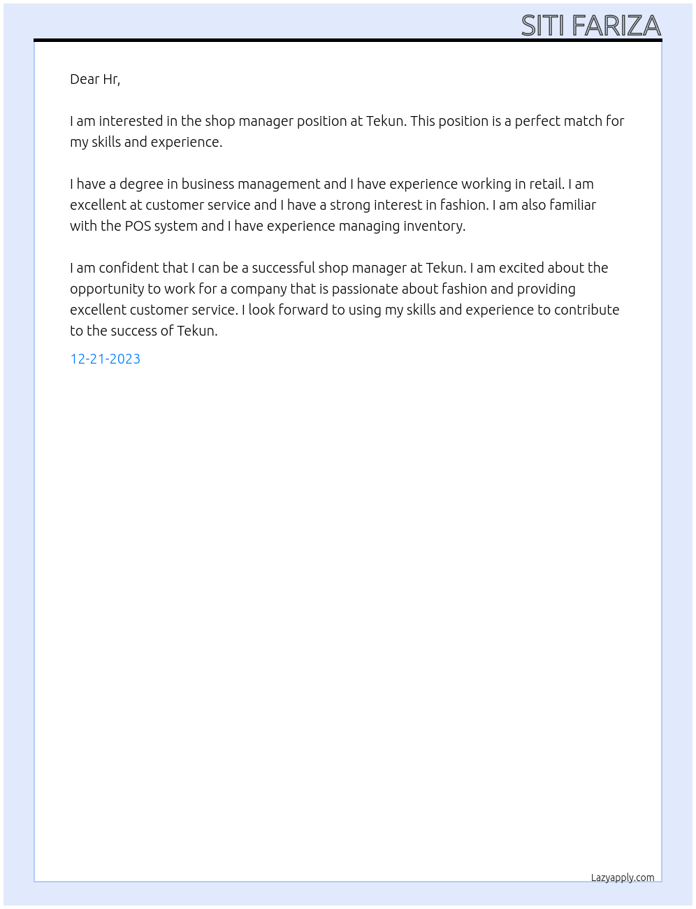 Shop manager At Tekun Cover Letter