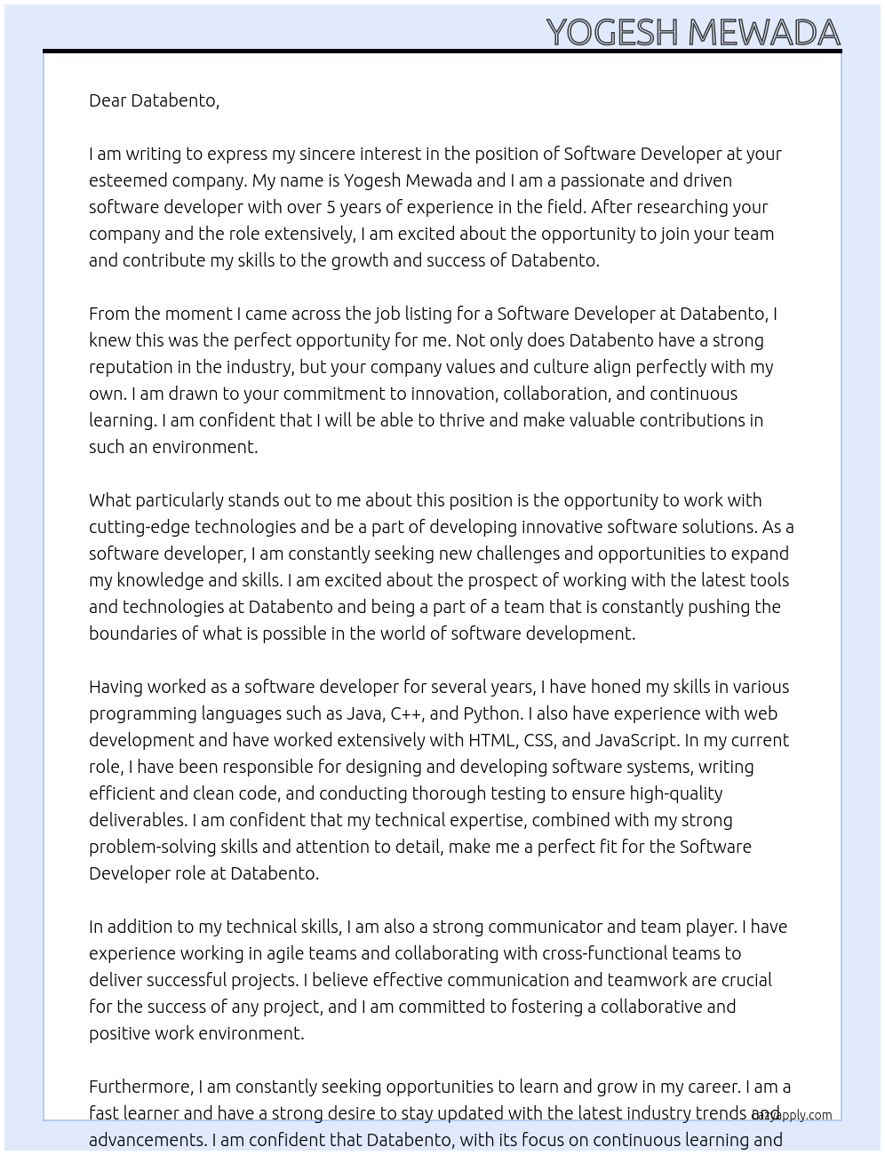 Software Developer At Databento Cover Letter