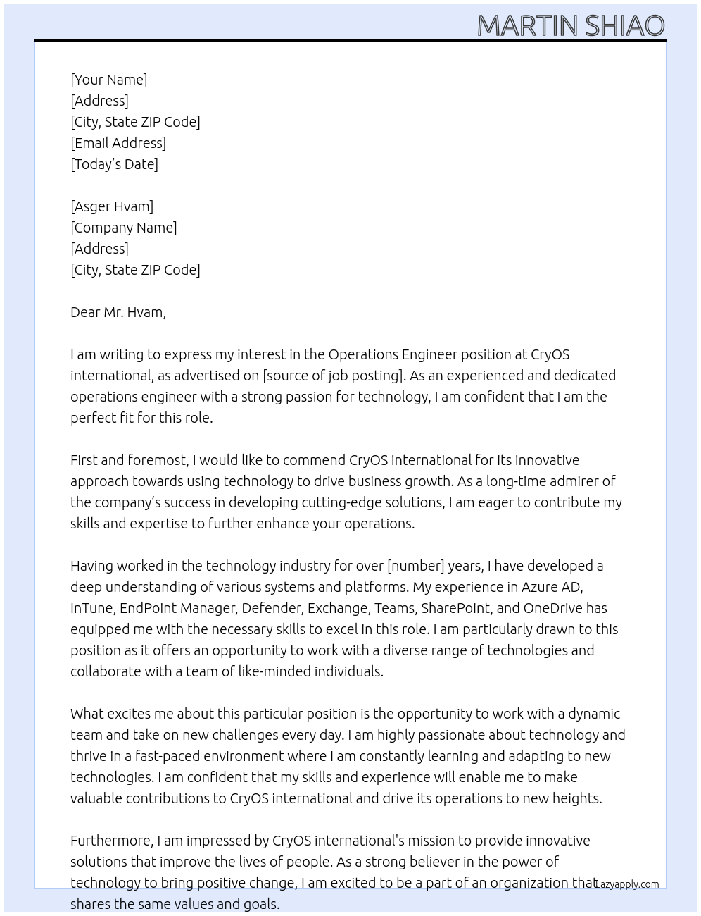 Operations Engineer At CryOS international Cover Letter
