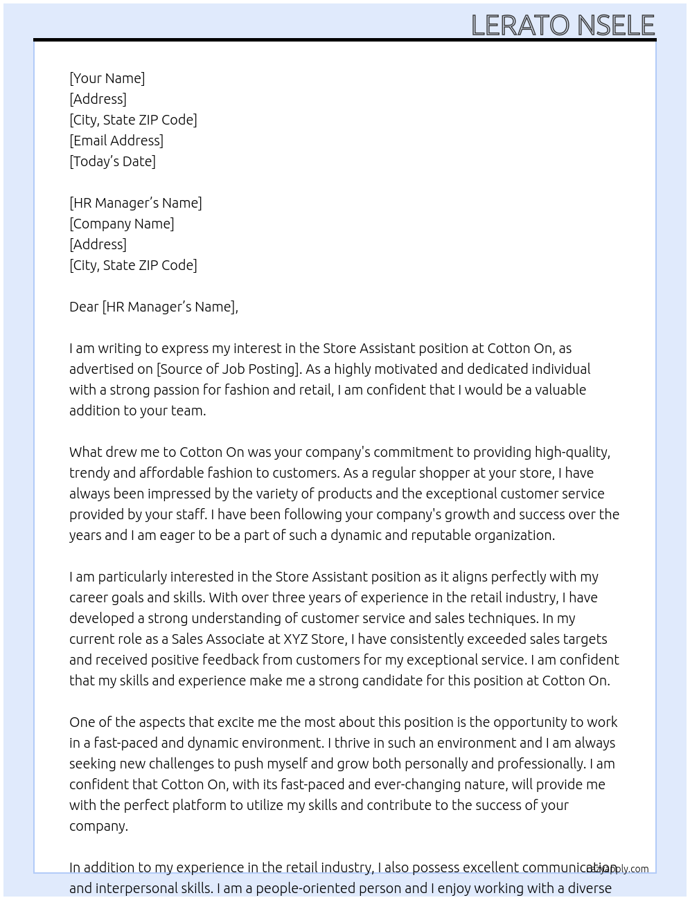 Store assistance  At Cotton on Cover Letter