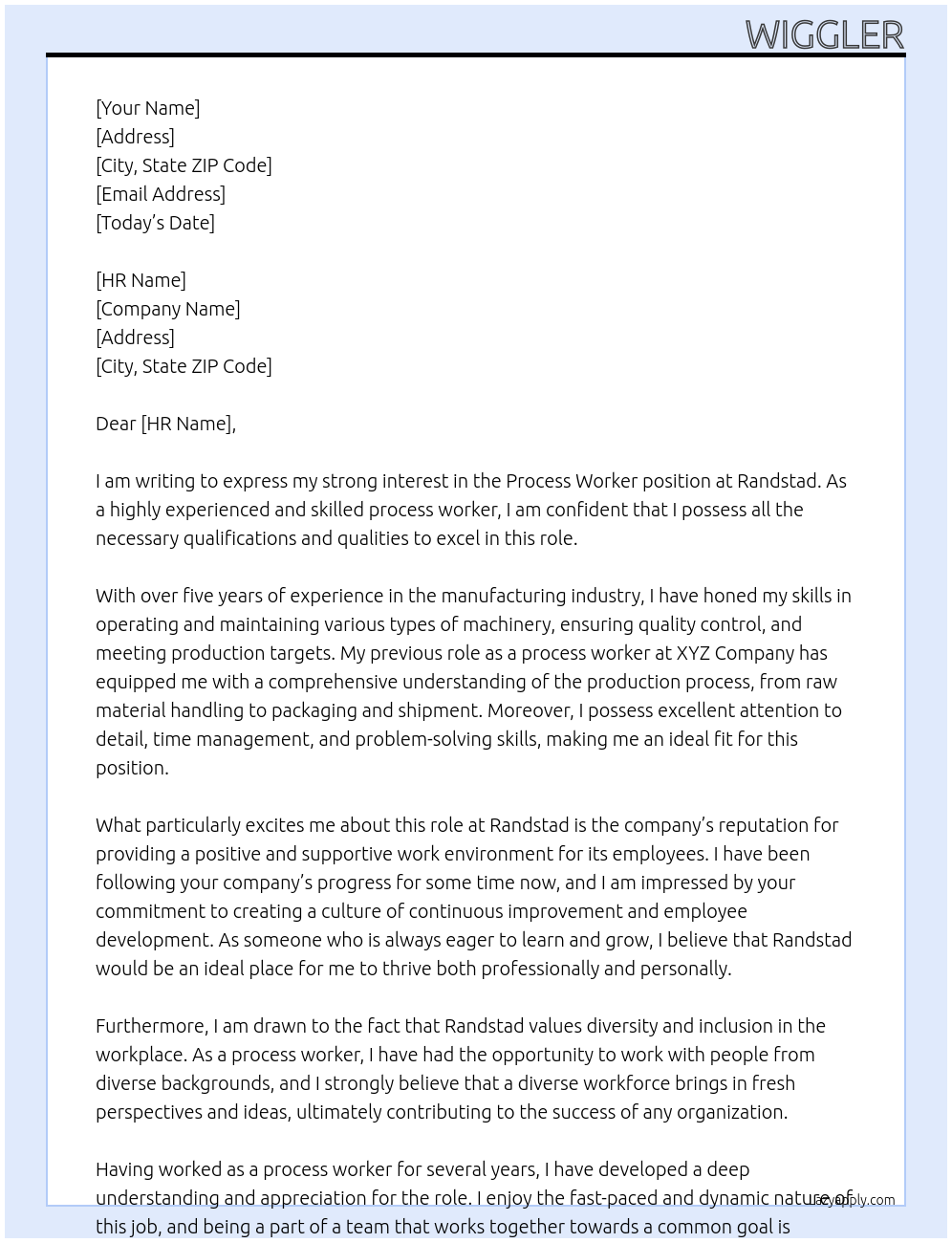 Process Worker At Randstand Cover Letter