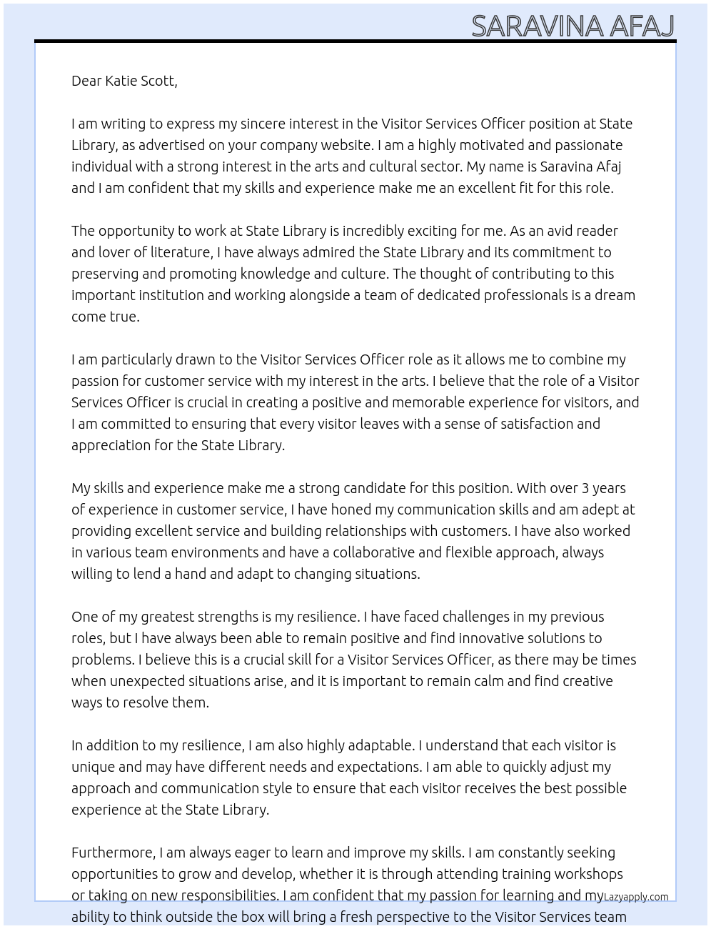 Visitor Services Officer At State Library Cover Letter