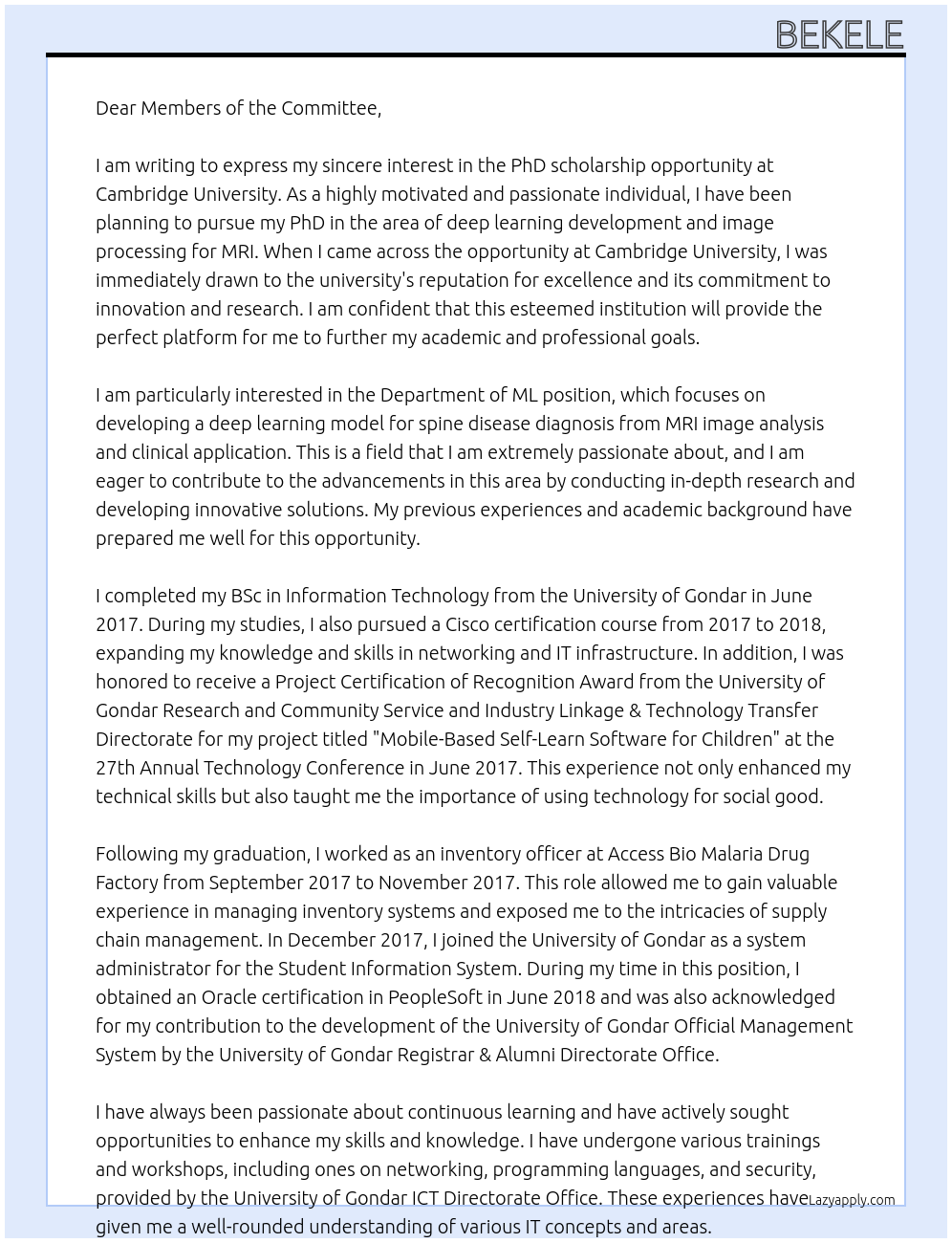 scholarship At Cambridge University Cover Letter