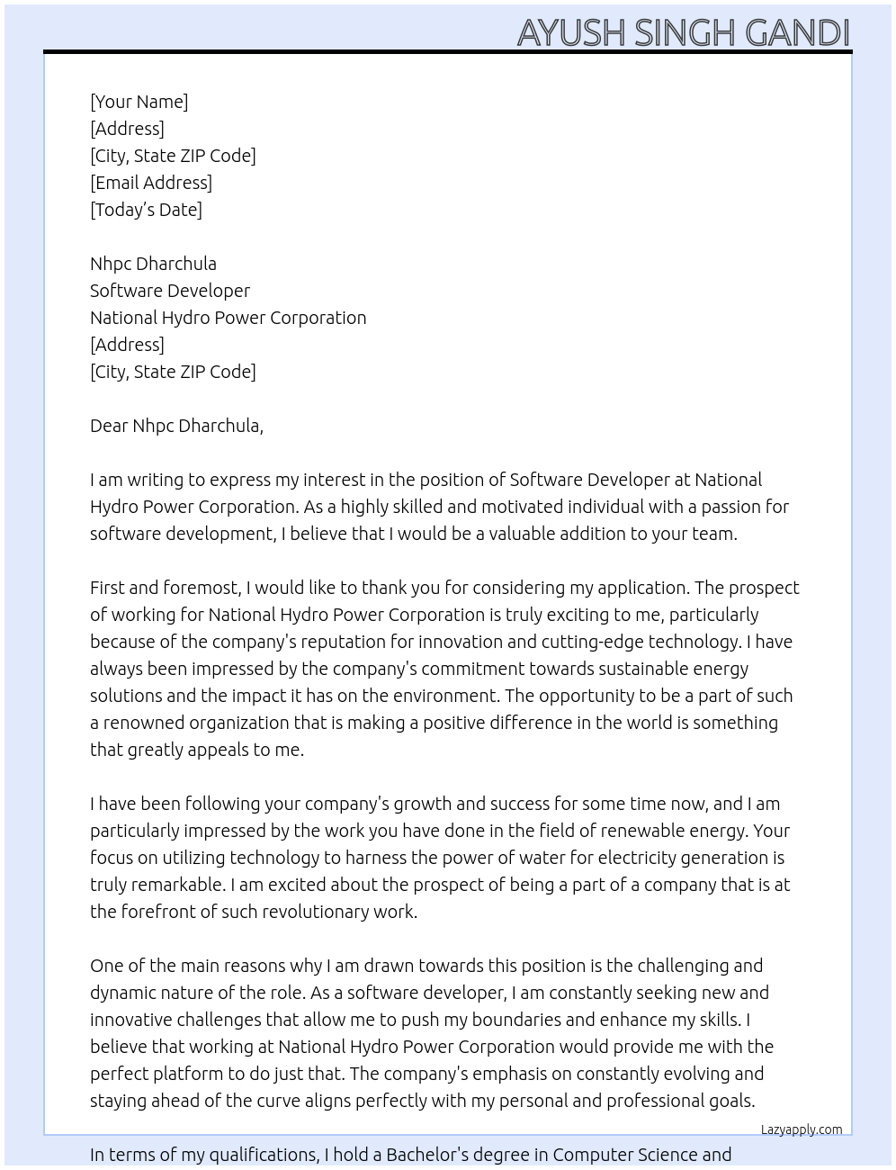 Software Devloper  At National Hydro Power Corporation  Cover Letter