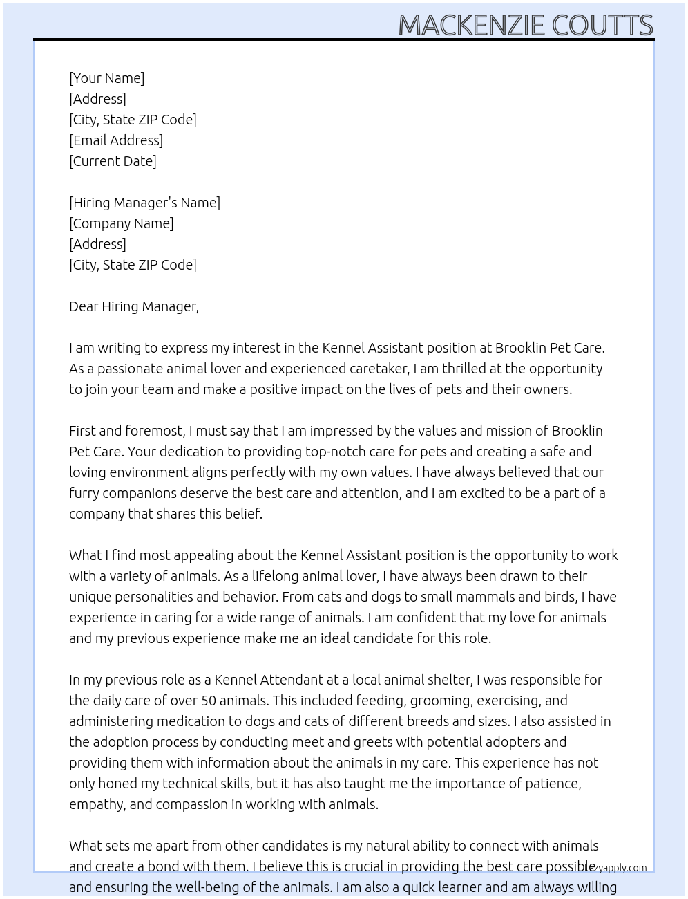 Kennel Assistant At Brooklin Pet Care Cover Letter