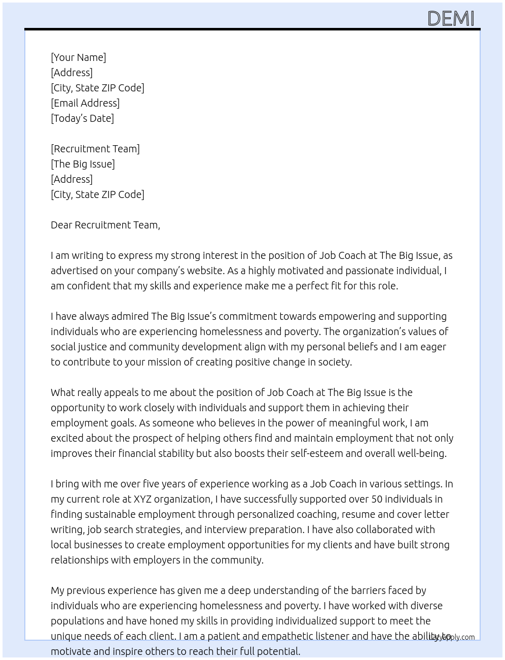 Job coach At The big issue  Cover Letter