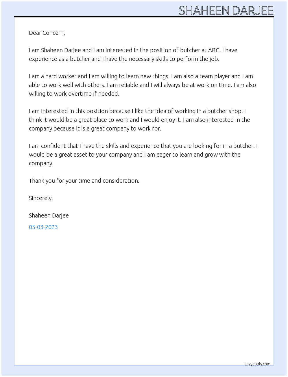 BUTCHER At ABC Cover Letter