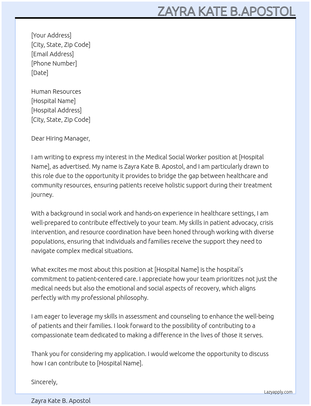 Medical social worker  At Hospital  Cover Letter