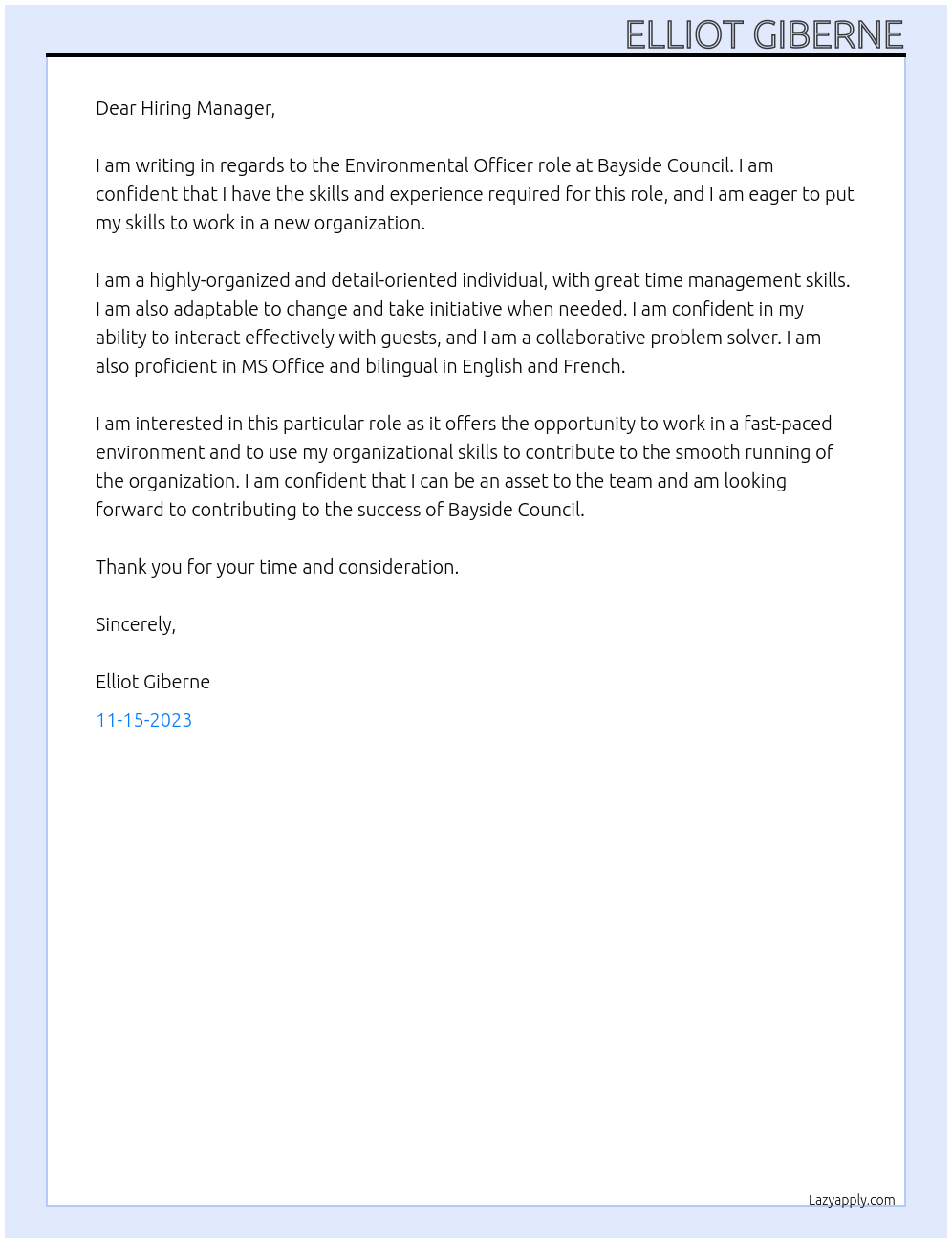 Environmental officer At Bayside Council Cover Letter