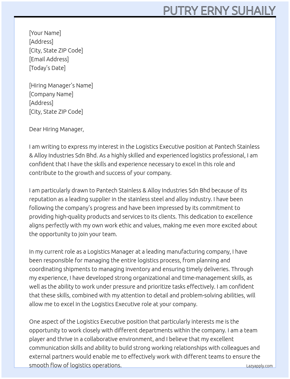 Logistics Executive At Pantech Stainless & Alloy Industries Sdn Bhd Cover Letter