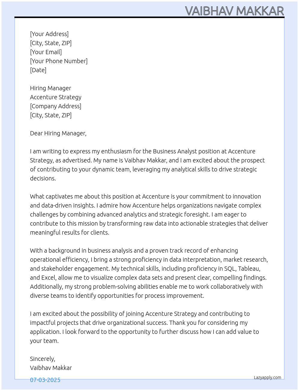 Business analyst At Accenture Strategy Cover Letter