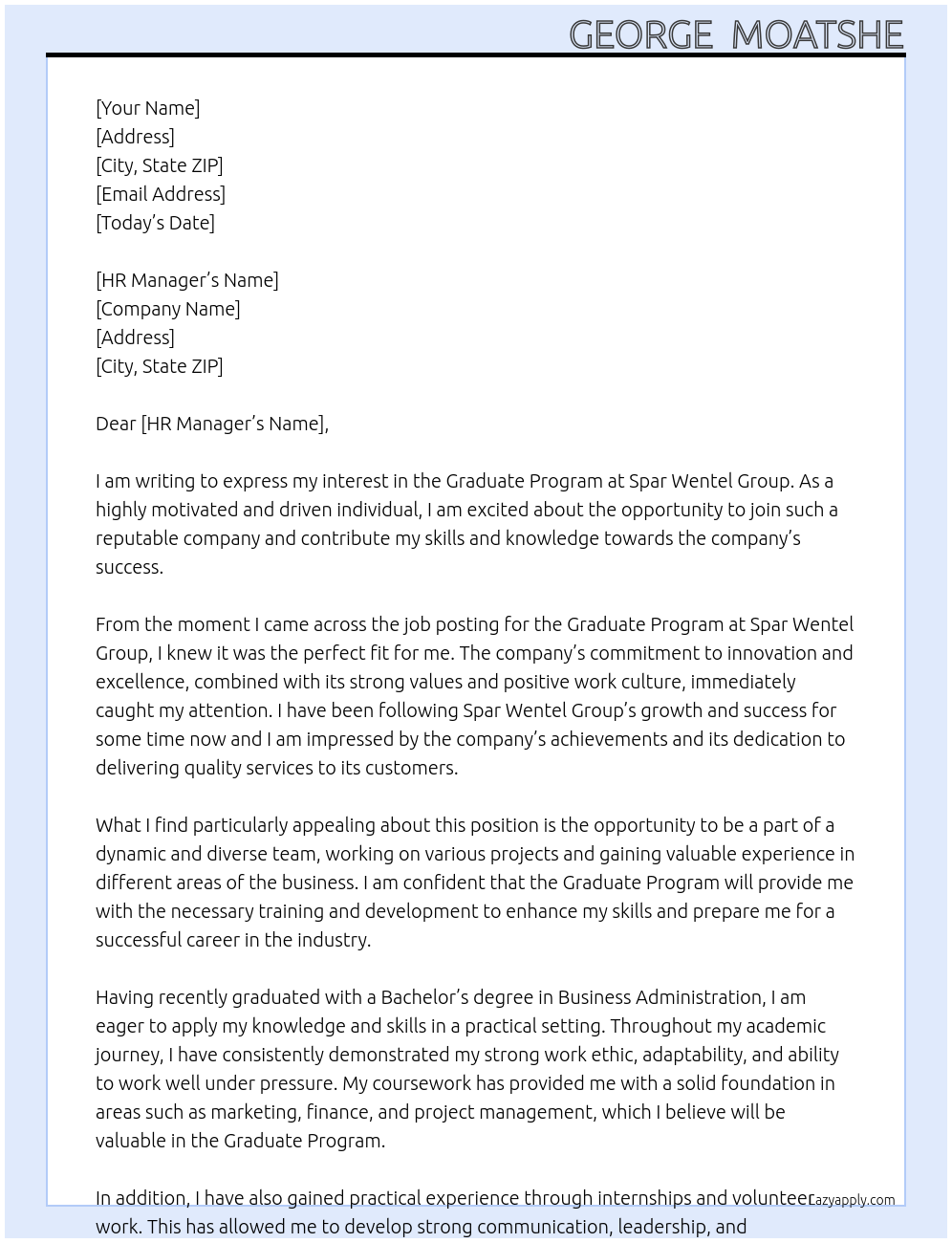 graduate program At spar wentel group Cover Letter