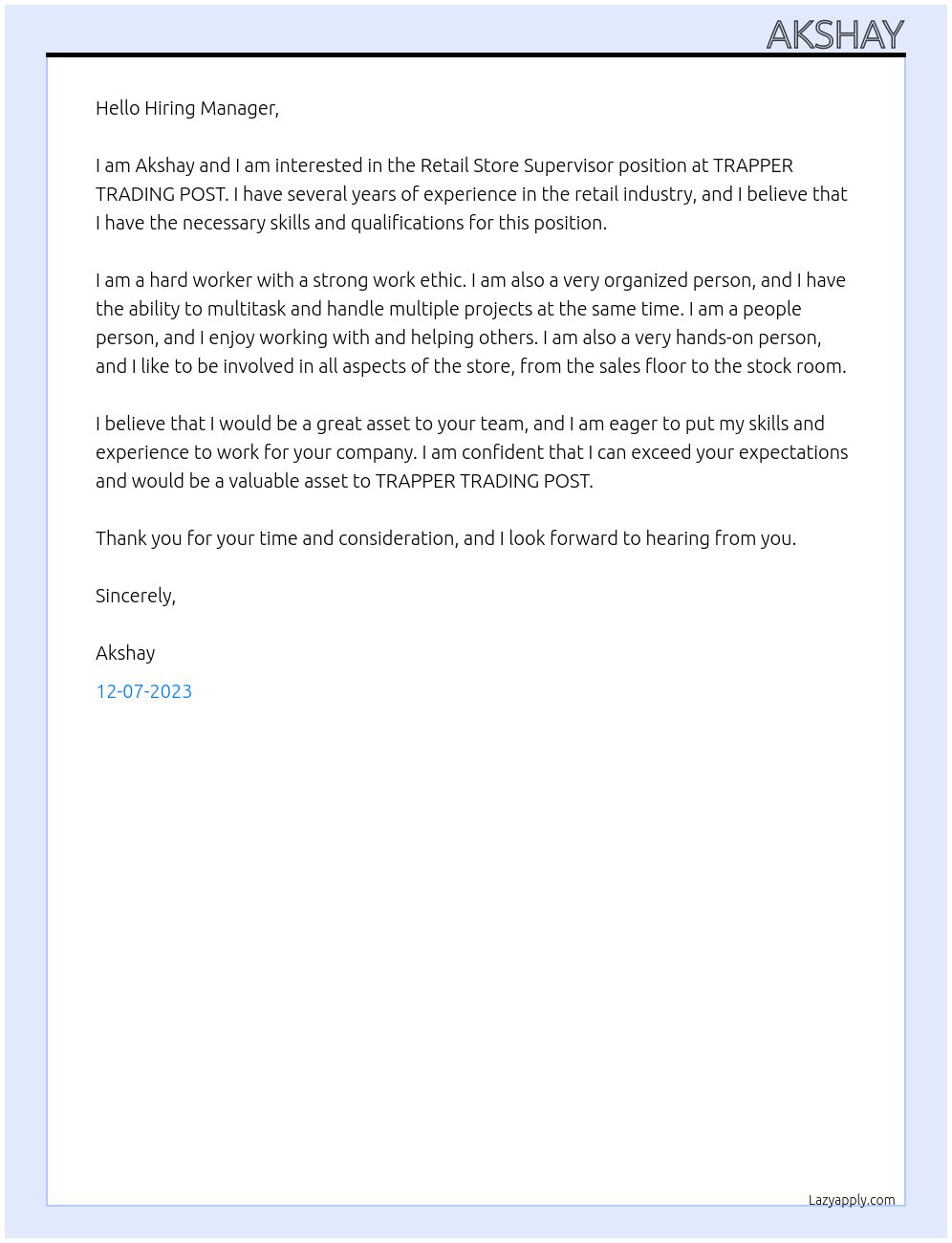 Retail Store Supervisor At TRAPPER TRADING POST Cover Letter