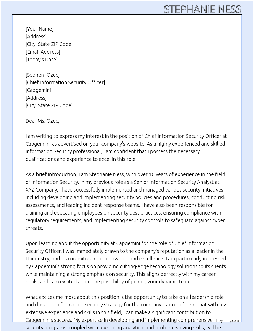 Chief Information Security Officer At Capgemini Cover Letter