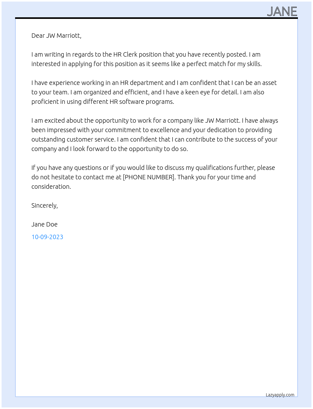 HR Clerk At JW Marriott Cover Letter