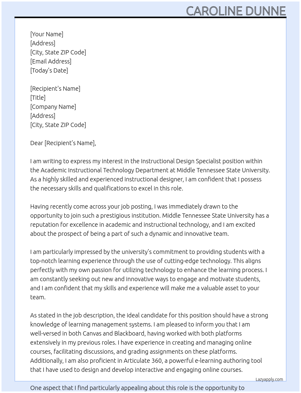 Instructional Design Specialist  At Middle Tennessee State University  Cover Letter