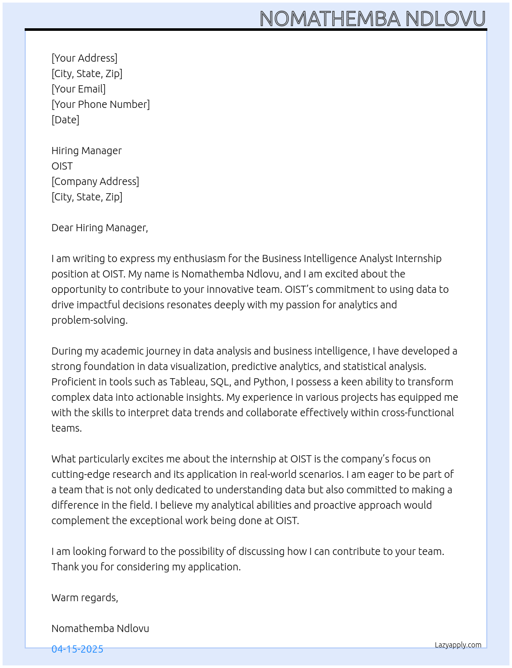 Cover letter for business intelligence analyst internship - LazyApply