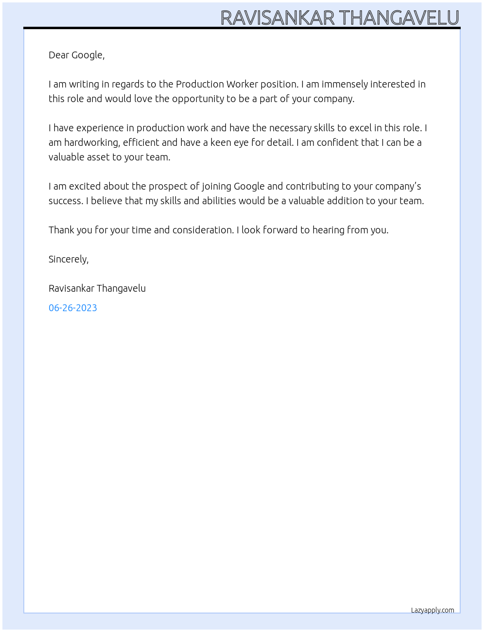 Production Worker At Google Cover Letter