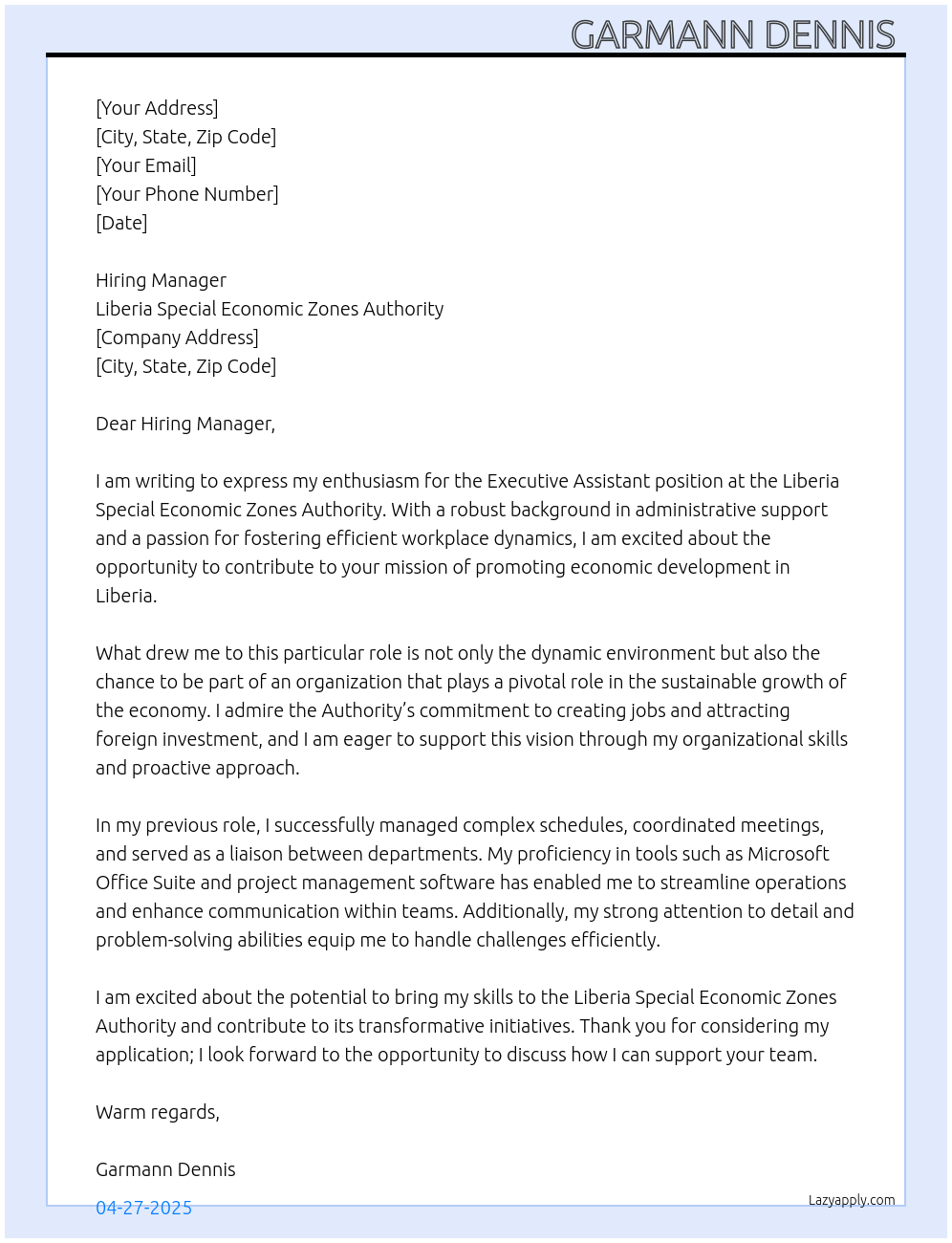 Executive Assistant  At Liberia Special Economic Zones Authority  Cover Letter