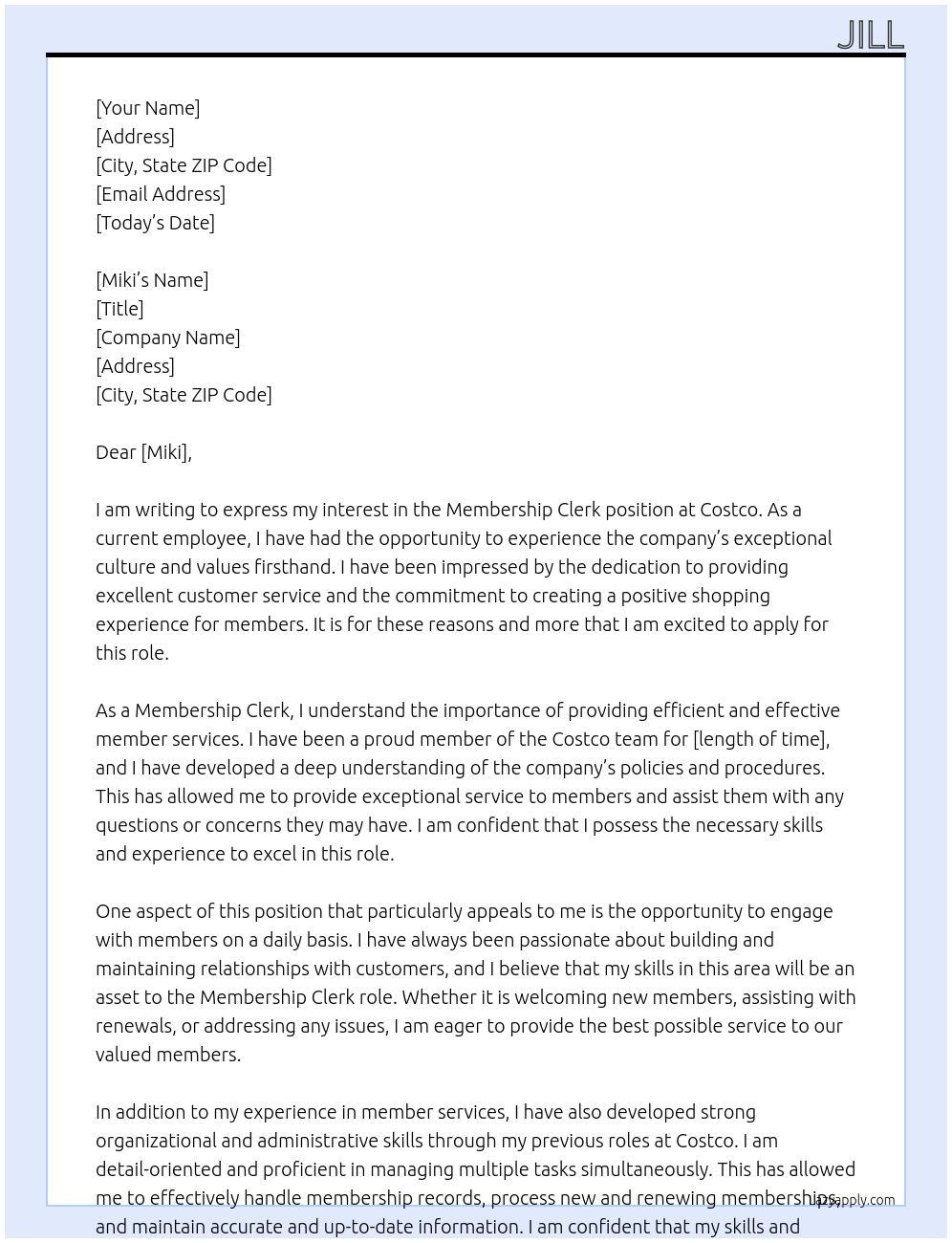 Membership clerk  At Costco  Cover Letter