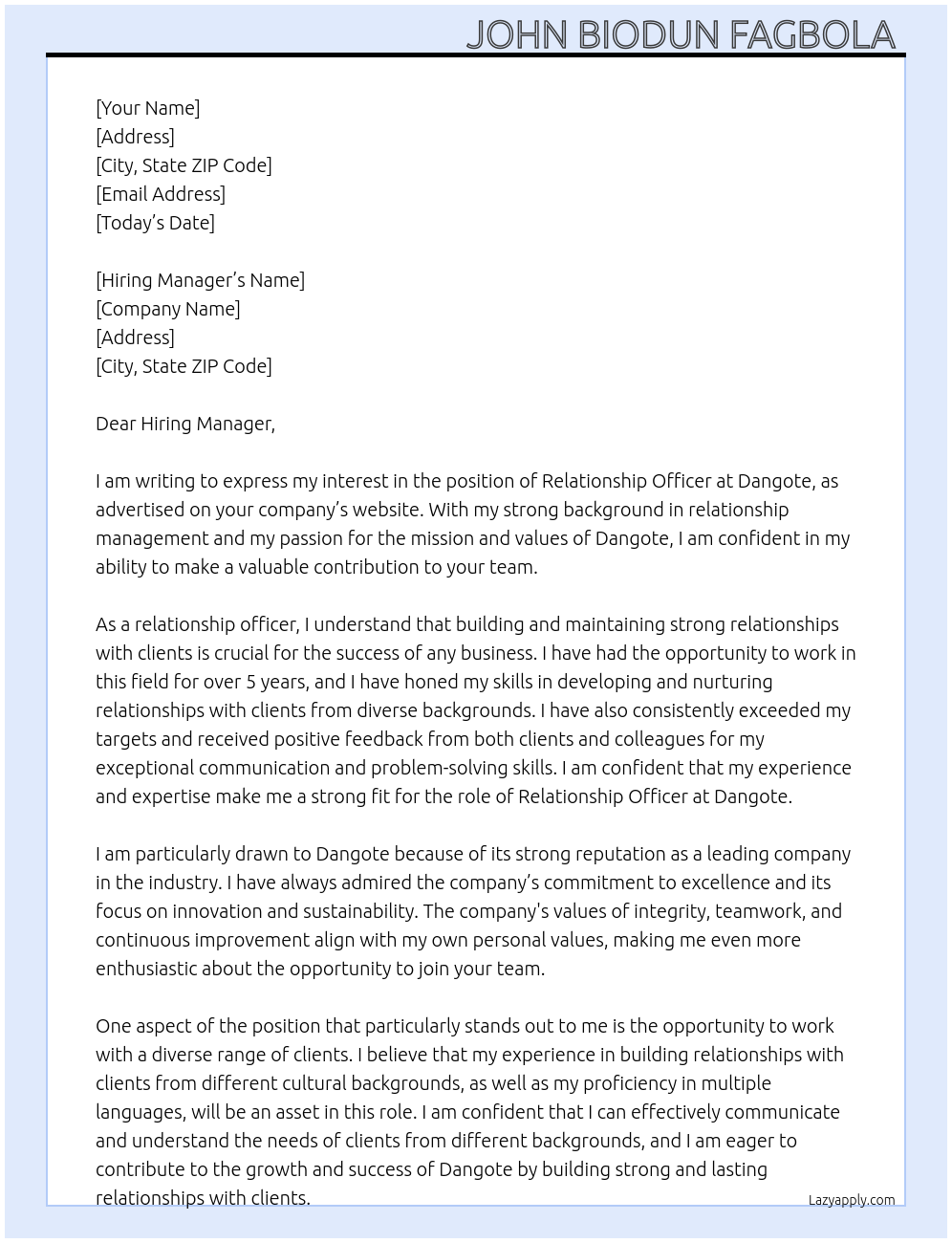 Relationship officer  At Dangote Cover Letter
