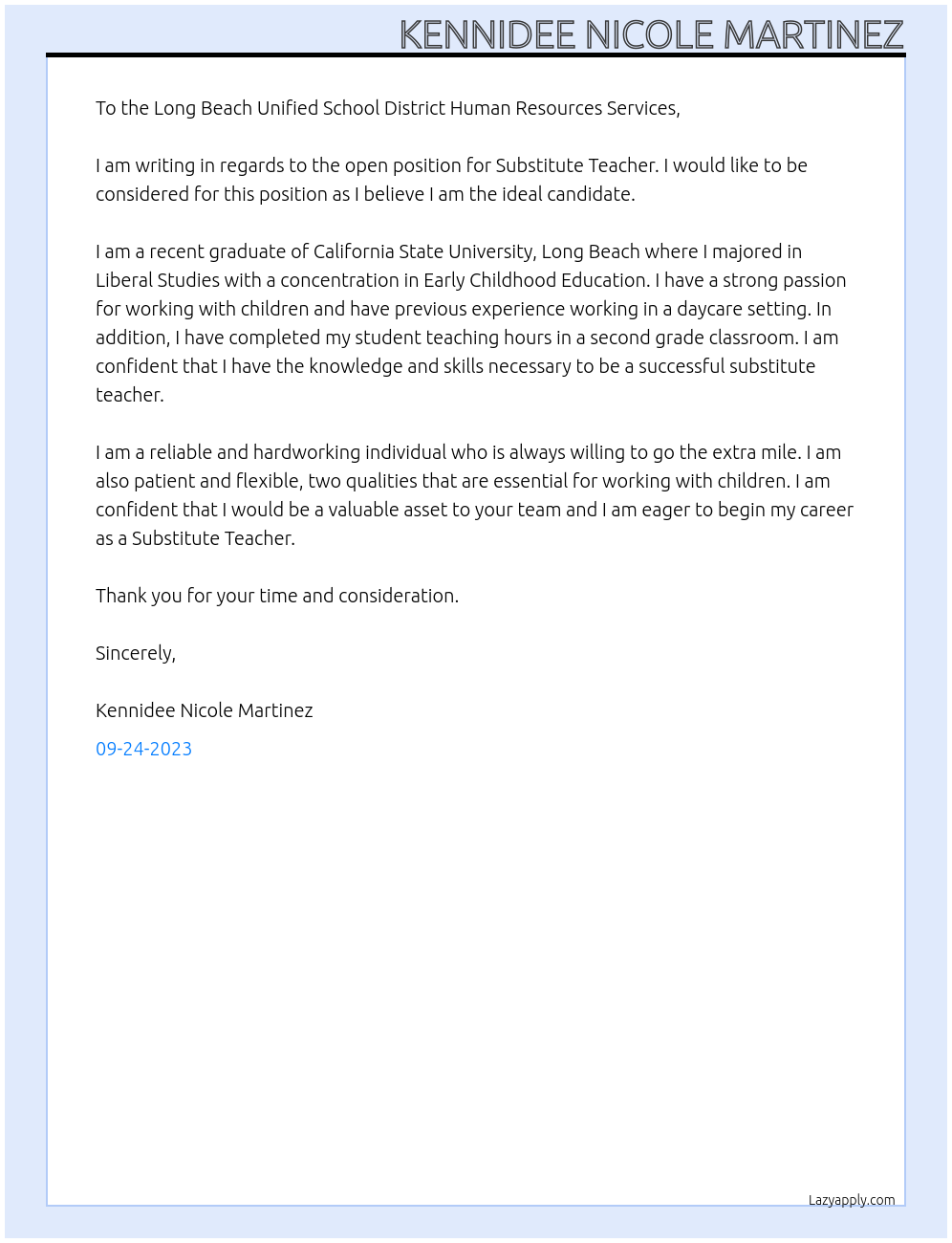 Substitute Teacher At Long Beach Unified School District Cover Letter