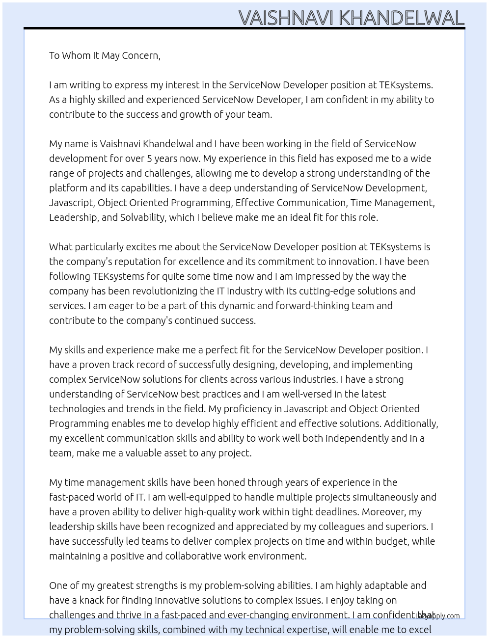 ServiceNow Developer At TEKsystems Cover Letter