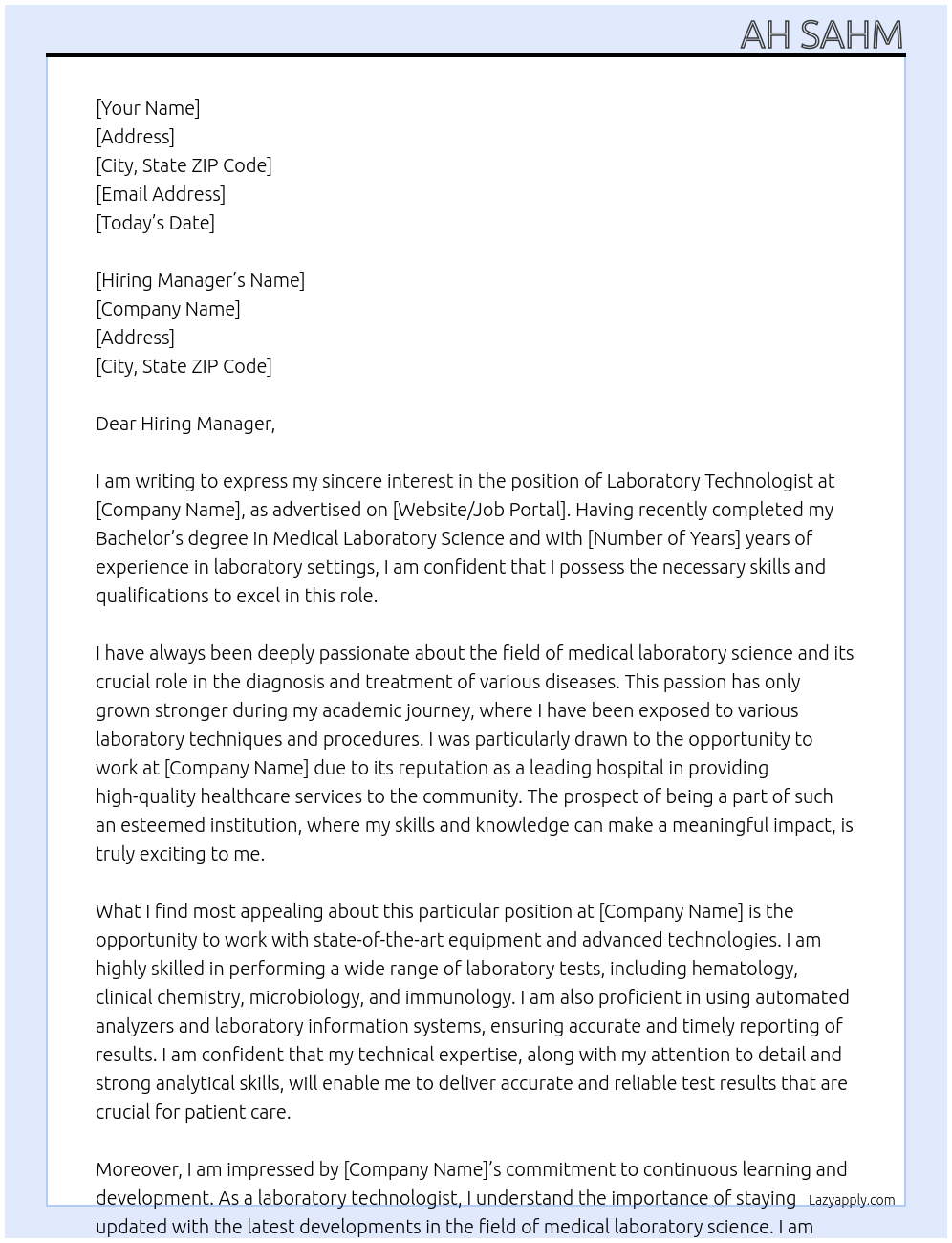 LABORATORY TECHNOLOGIST  At Hospital  Cover Letter