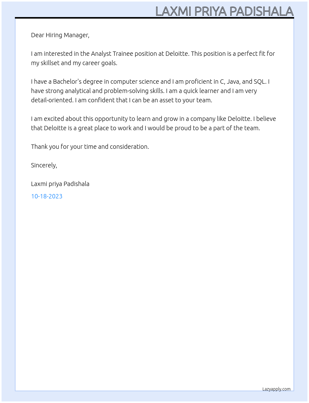 Analyst trainee At Deloitee Cover Letter