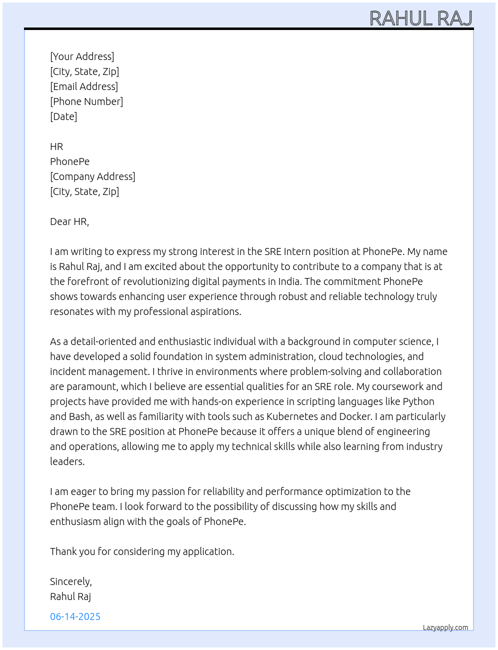 SRE intern At Phone pay Cover Letter