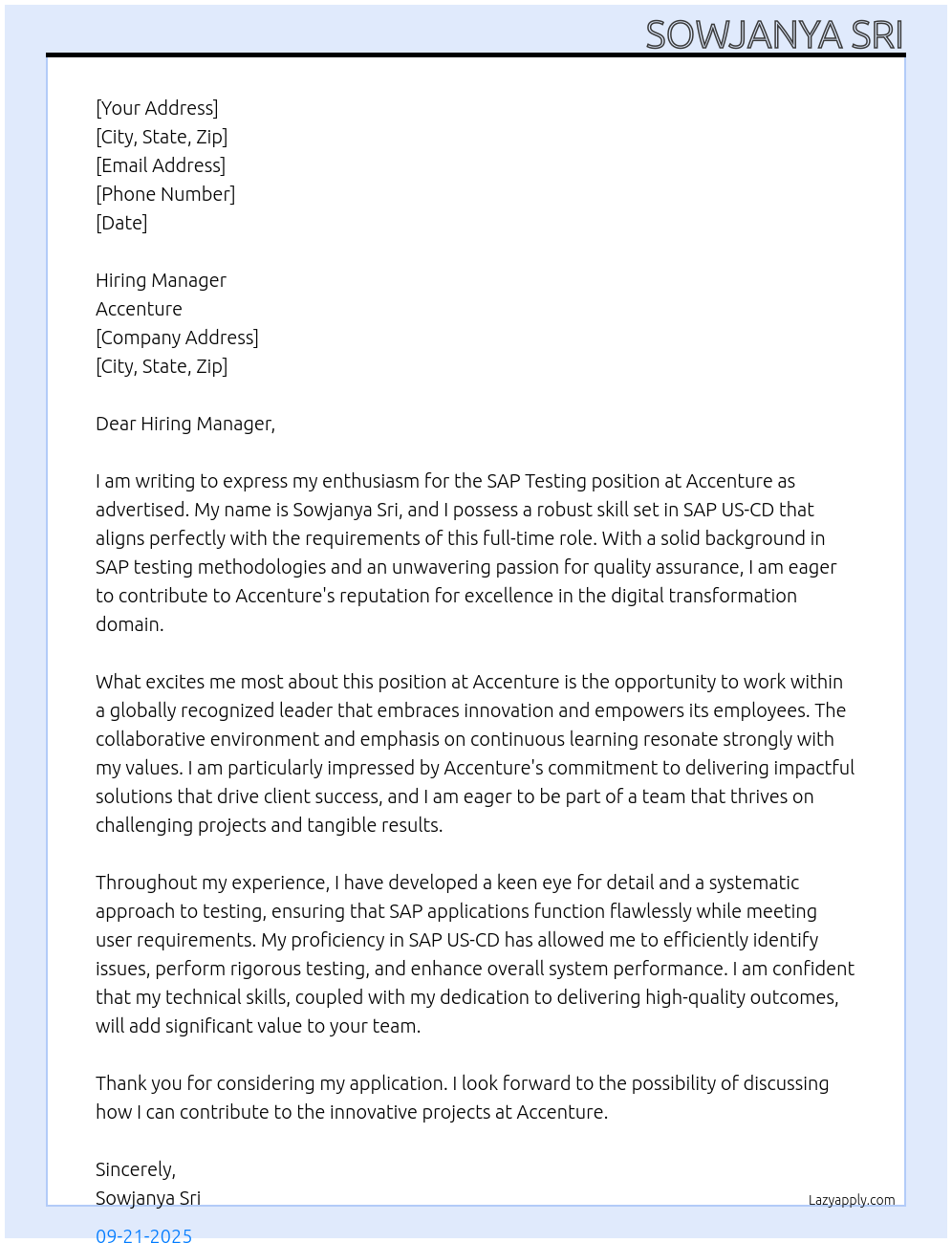 SAP Testing At Accenture Cover Letter