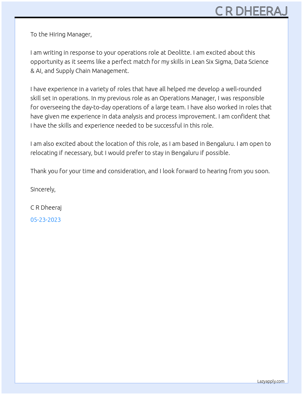 Operations At Deolitte Cover Letter