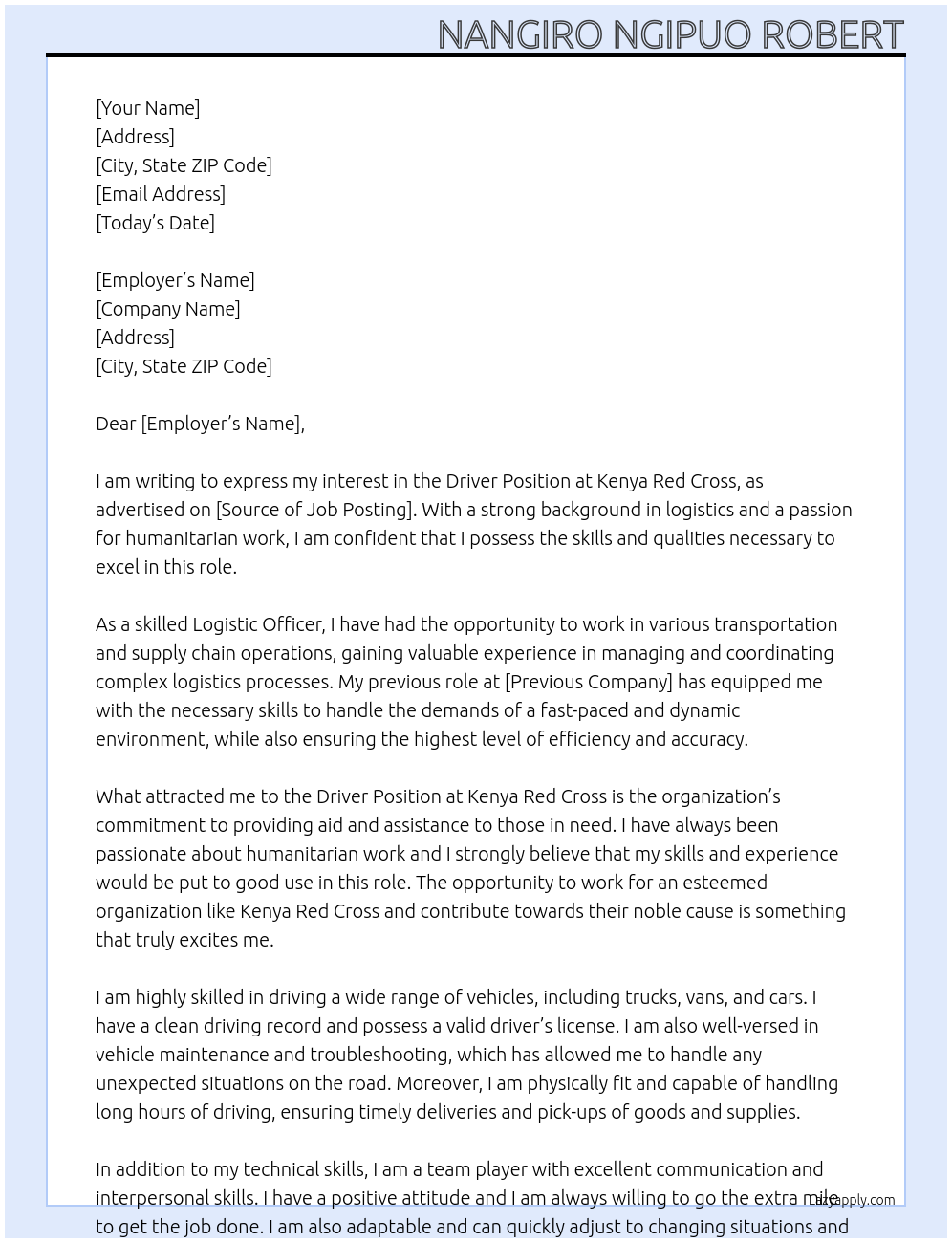 DRIVER POSITION At KENYA RED CROSS Cover Letter
