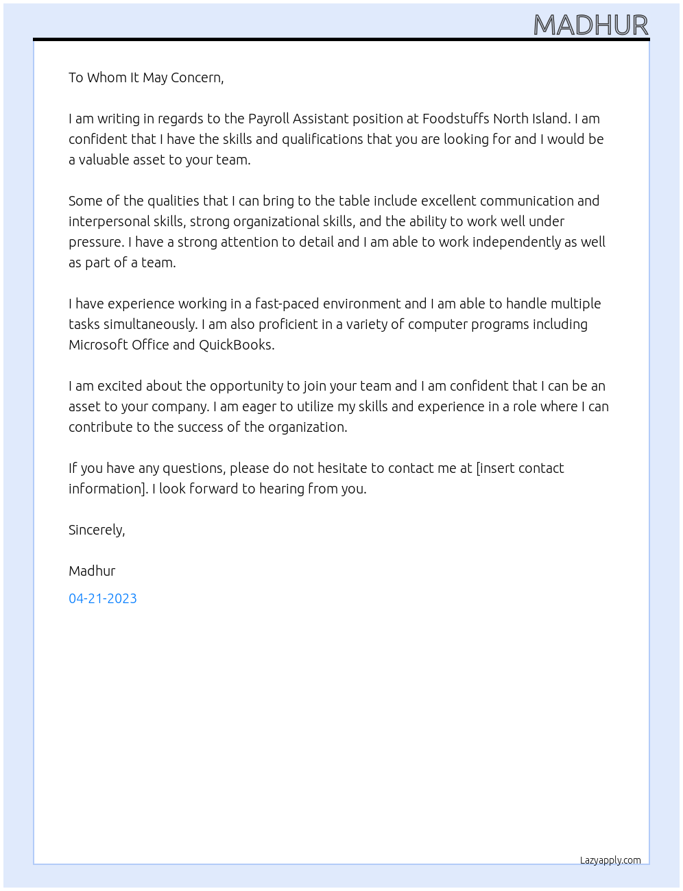 Payroll Assistant At Foodstuffs North Island Cover Letter